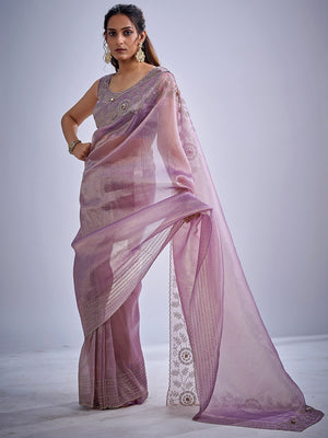 Elegant Lavender Kanjivaram Silk Saree Adorned With Stone Work & Cut Dana Detailing - Image 2