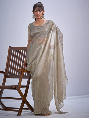 Elegant Grey Kanjivaram Silk Saree Adorned With Stone Work & Cut Dana Detailing - Image 2
