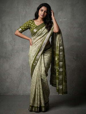 Elegant Beige & Green Viscose Saree with Fancy Floral Print and Jacquard Border - Image 1