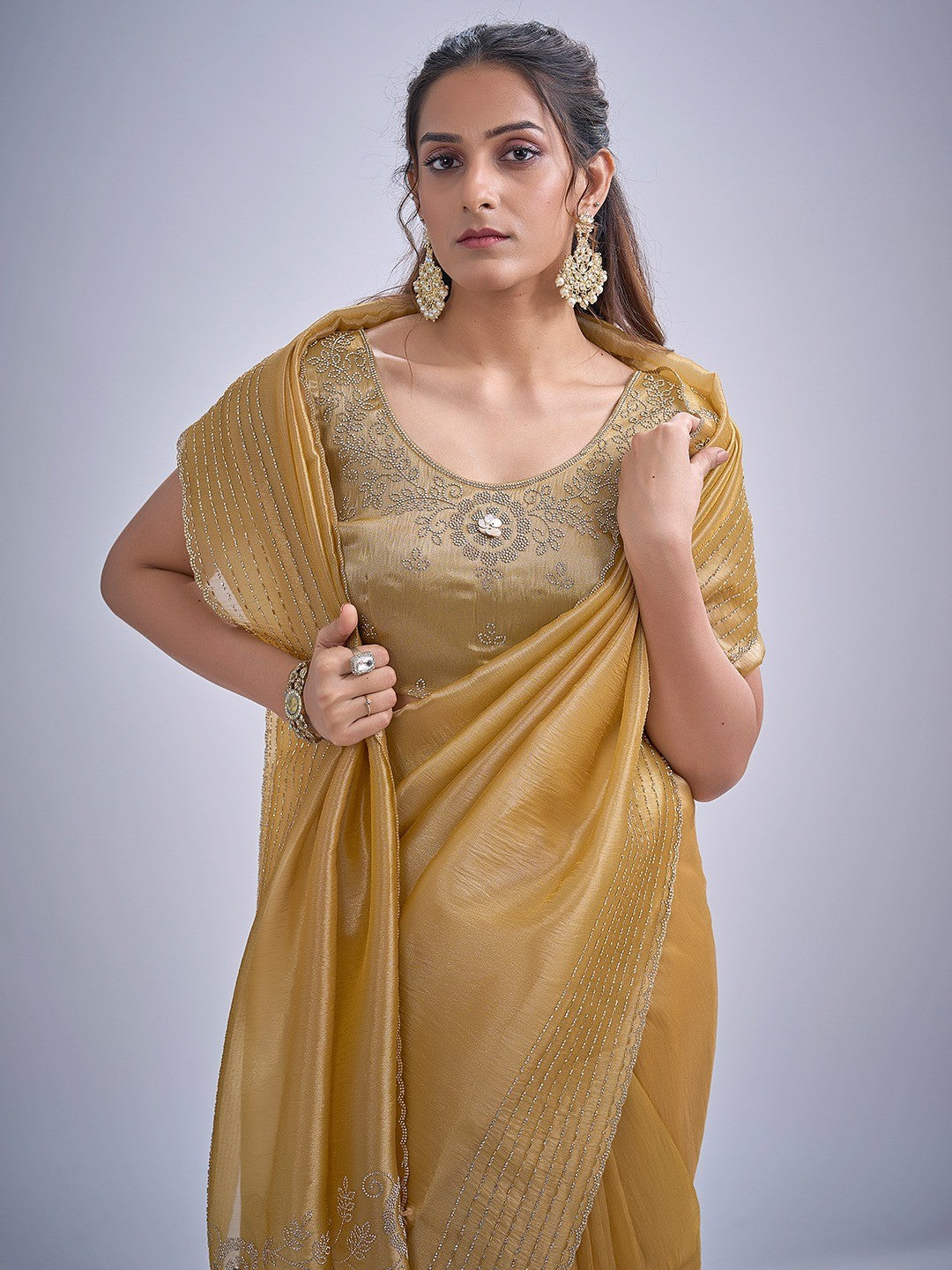 Elegant Golden Mustard Kanjivaram Silk Saree Adorned With Stone Work & Cut Dana Detailing - Image 3