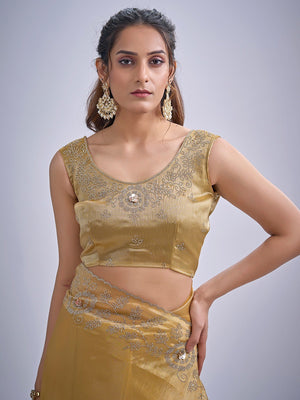 Elegant Golden Mustard Kanjivaram Silk Saree Adorned With Stone Work & Cut Dana Detailing - Image 2