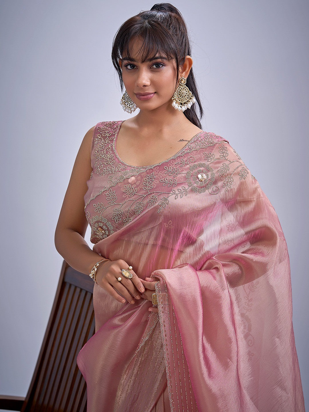 Elegant Pink Kanjivaram Silk Saree Adorned With Stone Work & Cut Dana Detailing - Image 3