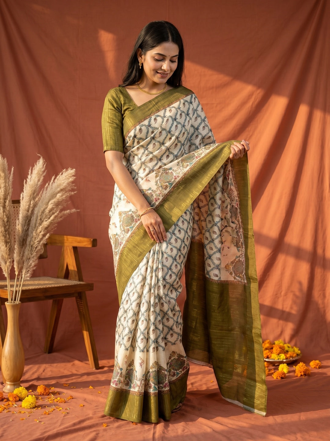Elegant Cream Floral & Bird Digital Printed Cotton Blend Saree With Artistic Nature-Inspired Work - Image 1