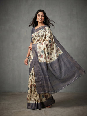 Elegant Offwhite & Grey Floral Digital Print Pure Cotton Saree with Woven Border - Image 1