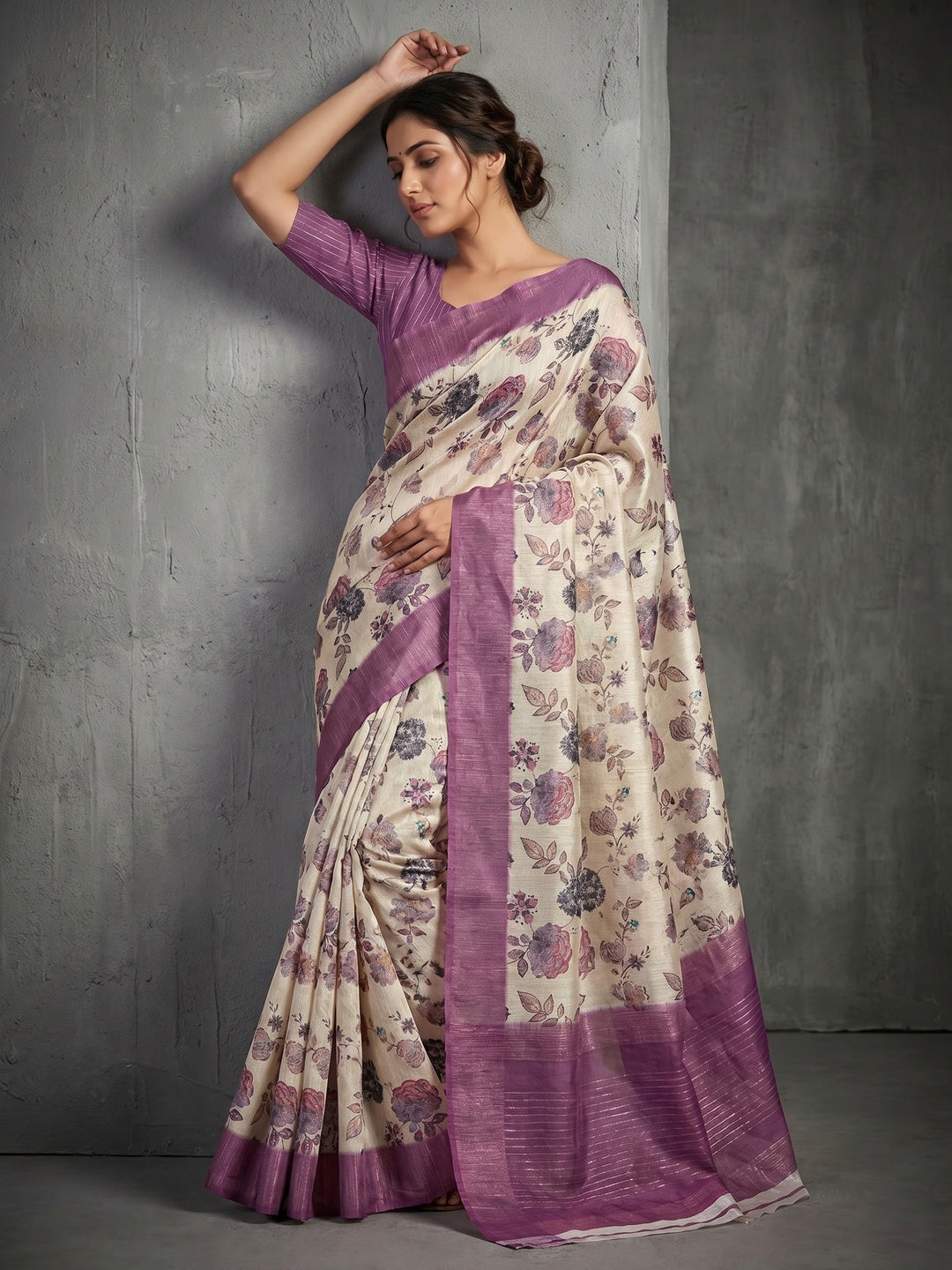 Offwhite & Purple Floral Digital Print Pure Cotton Saree with Woven Border - Image 1