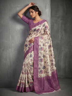 Offwhite & Purple Floral Digital Print Pure Cotton Saree with Woven Border - Image 1