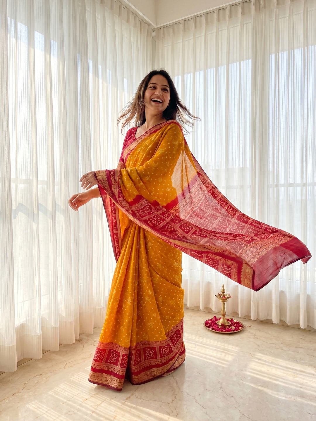Yellow Polyster Viscos Saree with Bandhani Print and Jacquard Border - Image 1