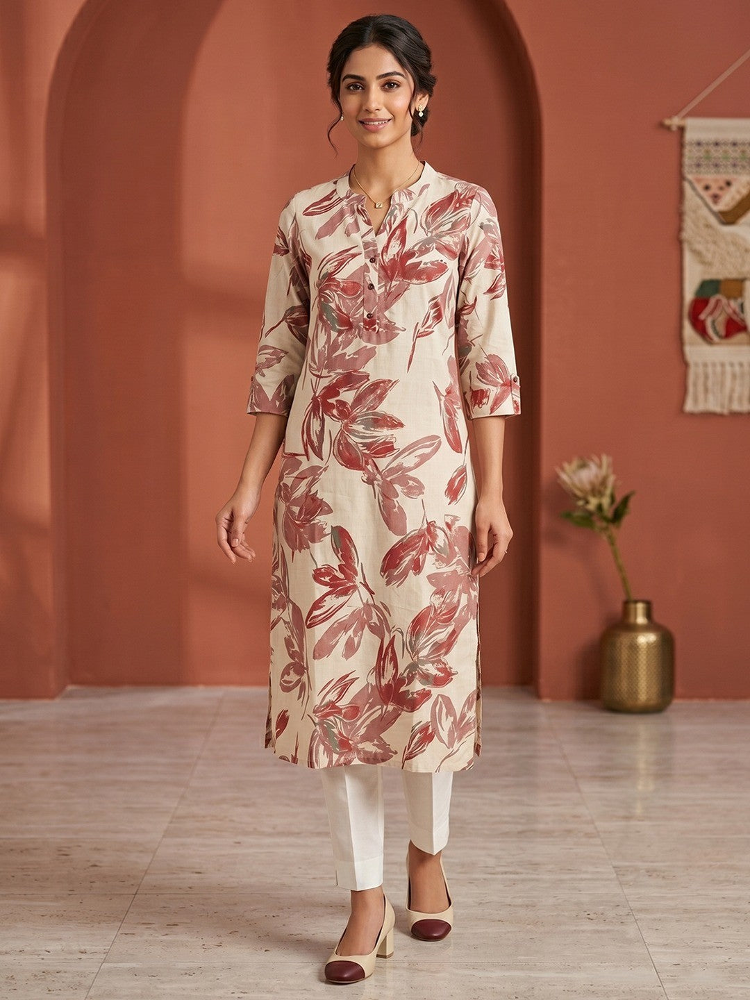 Chic Cream Floral Print Viscose Straight Cut Kurti - Image 1