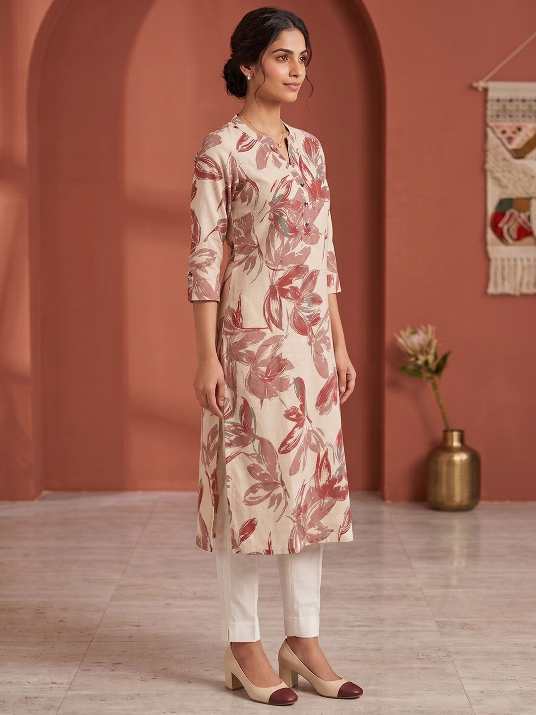 Chic Cream Floral Print Viscose Straight Cut Kurti - Image 2