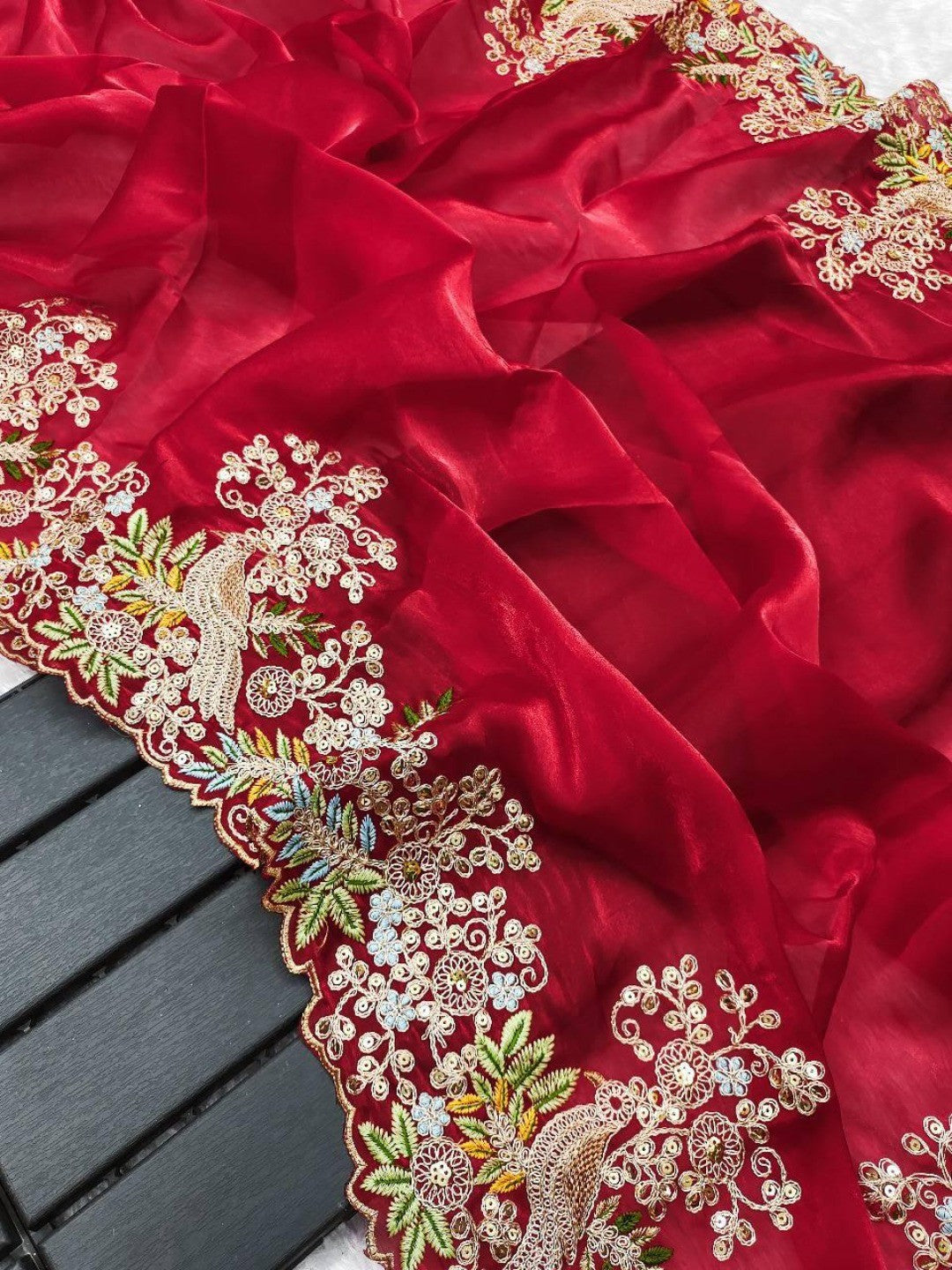 Graceful Red Bird & Floral Motif Jimmy Choo Satin Silk Saree Adorned With Cording Sequins Embroidery - Image 4