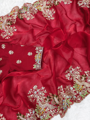 Graceful Red Bird & Floral Motif Jimmy Choo Satin Silk Saree Adorned With Cording Sequins Embroidery - Image 2