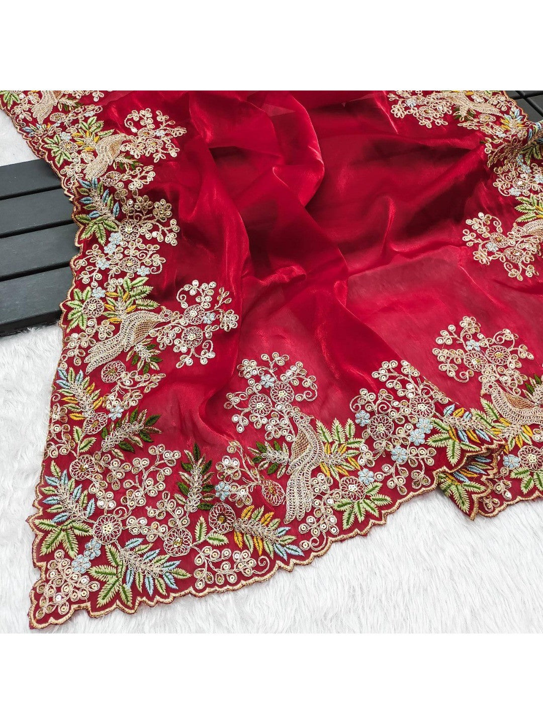 Graceful Red Bird & Floral Motif Jimmy Choo Satin Silk Saree Adorned With Cording Sequins Embroidery - Image 3
