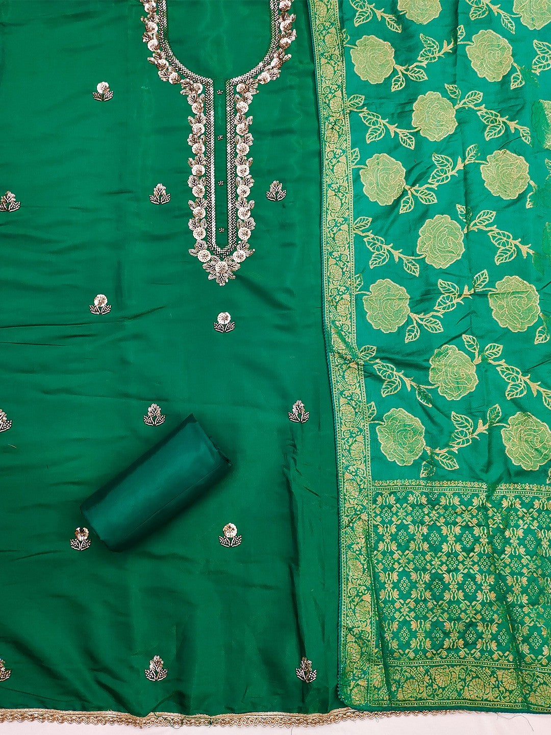 Elegant Rama Green Shimmer Unstitched Dress Material with Floral Dupatta - Image 3