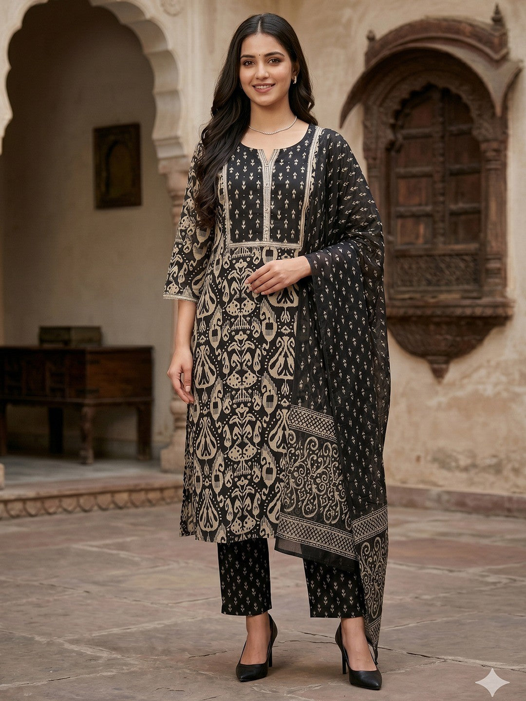 Designer Black Cotton Kurta Set with Ikkat Print Graceful Traditional Look - Image 1