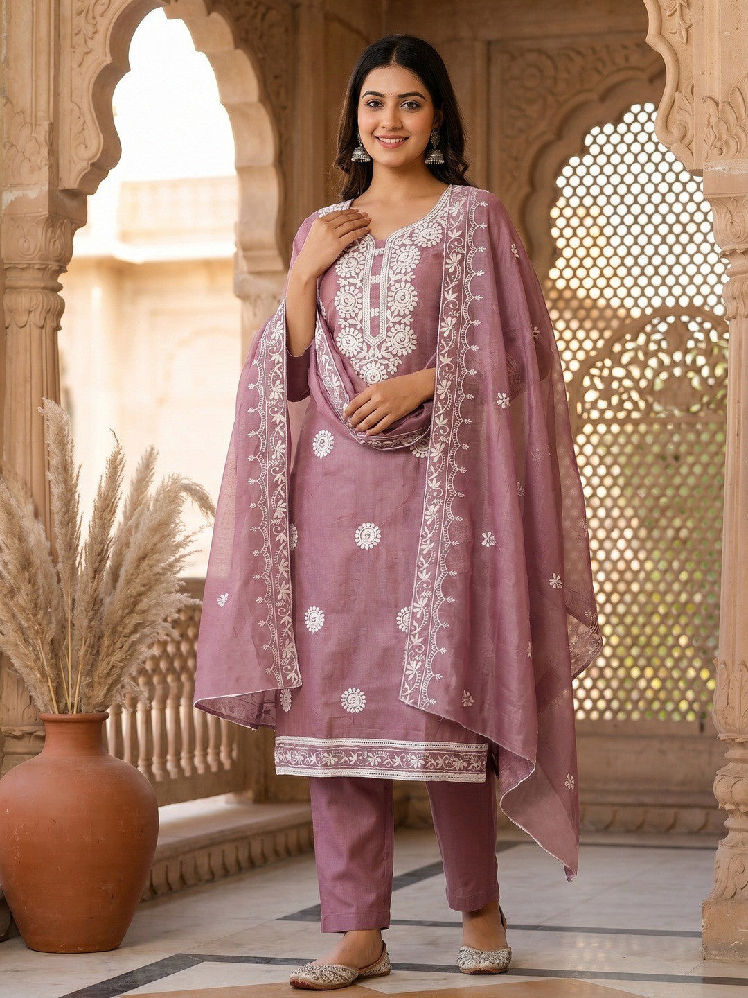 Charming Mauve Floral Thread Embroidered Work Chanderi Cotton Dress Material - Image 1