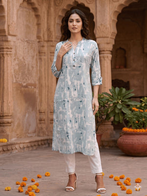 Chic Powder Blue Floral Printed Straight Cut Pure Cotton Kurti  - Image 1