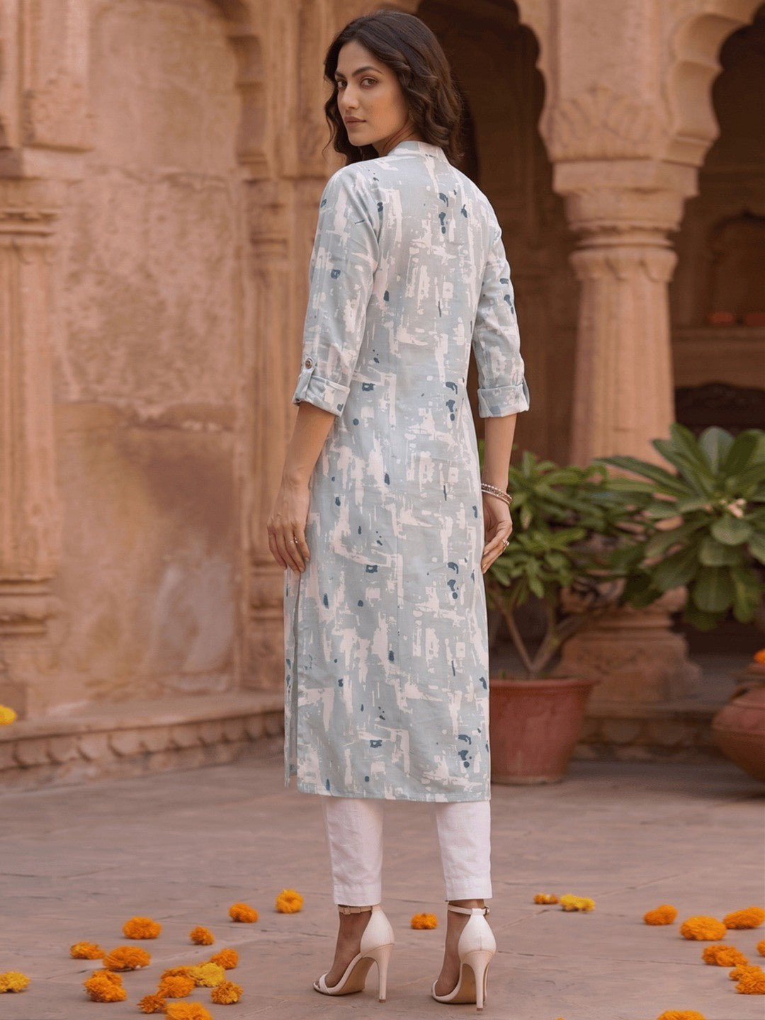 Chic Powder Blue Floral Printed Straight Cut Pure Cotton Kurti  - Image 2