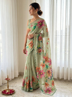 Stunning Green Floral Digital Printed Linen Silk Saree With Intricate Moti Khatli Embroidered Work - Image 2