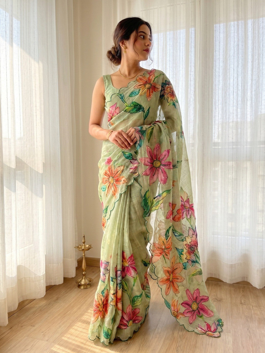 Stunning Green Floral Digital Printed Linen Silk Saree With Intricate Moti Khatli Embroidered Work - Image 7