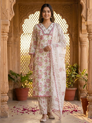 White Floral Printed Pure Cotton Salwar Suit Set Breezy Comfortable Style - Image 1