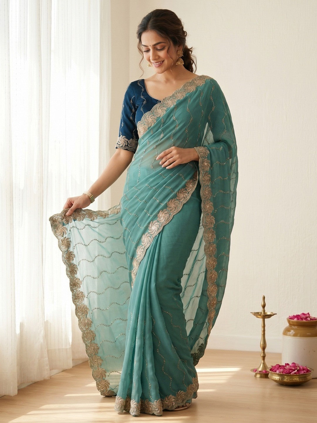 Graceful Turquoise Beads Embellished Georgette Saree With Floral Embroidery Detailing - Image 1