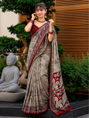 Cream & Red Mulmul Cotton Saree with Elegant Traditional Printed Pattern - Image 1