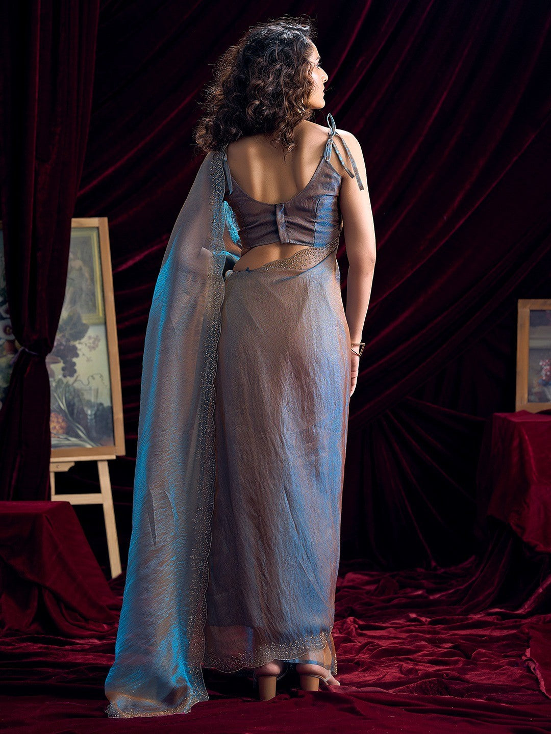 Glamorous Blue Two Tone Satin Silk Saree Adorned With Beads & Stones Embellishment - Image 3