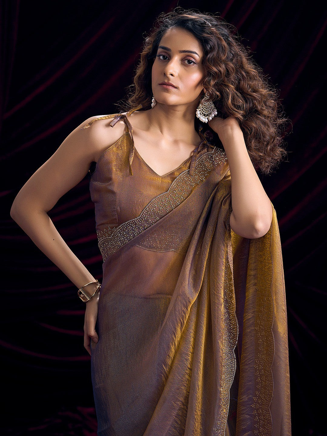 Glamorous Brown Two Tone Satin Silk Saree Adorned With Beads & Stones Embellishment - Image 3