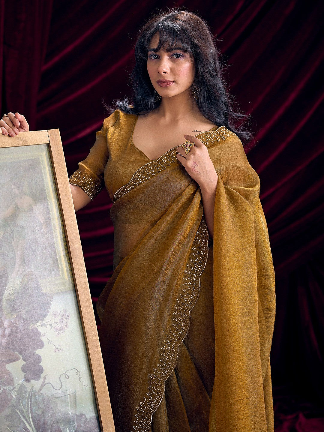 Glamorous Mustard Two Tone Satin Silk Saree Adorned With Beads & Stones Embellishment - Image 3
