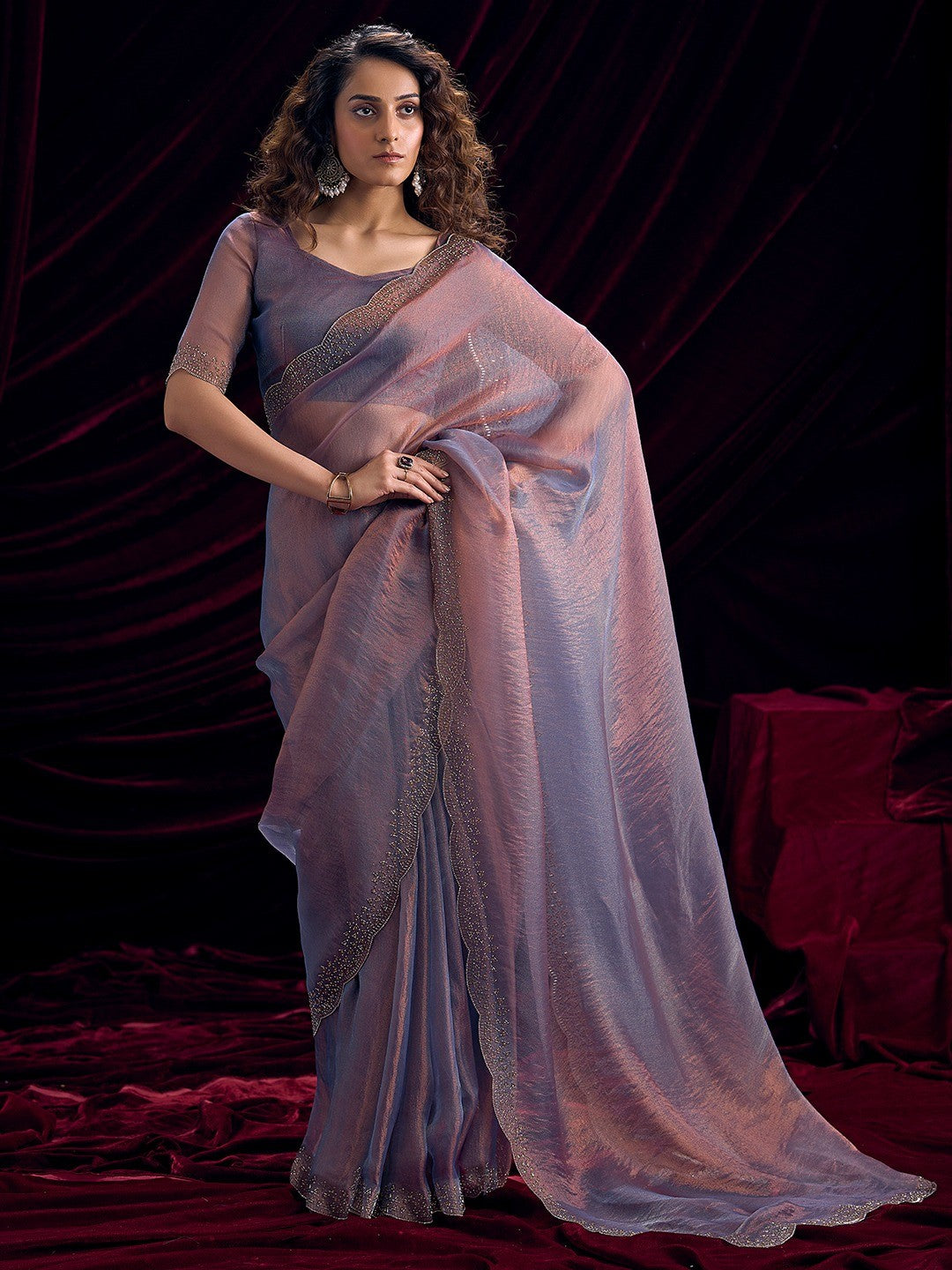 Glamorous Lavender Two Tone Satin Silk Saree Adorned With Beads & Stones Embellishment - Image 1