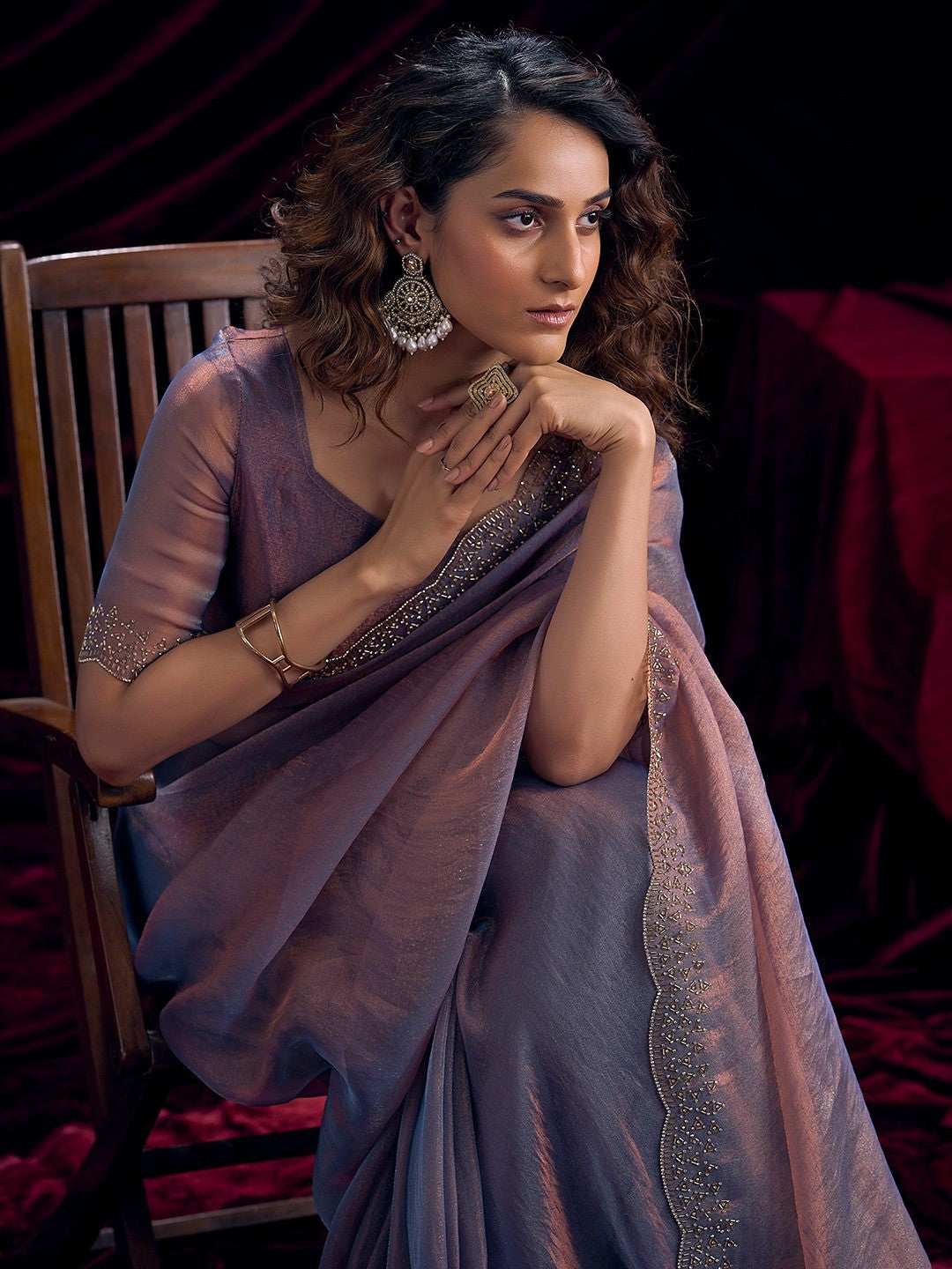 Glamorous Lavender Two Tone Satin Silk Saree Adorned With Beads & Stones Embellishment - Image 5