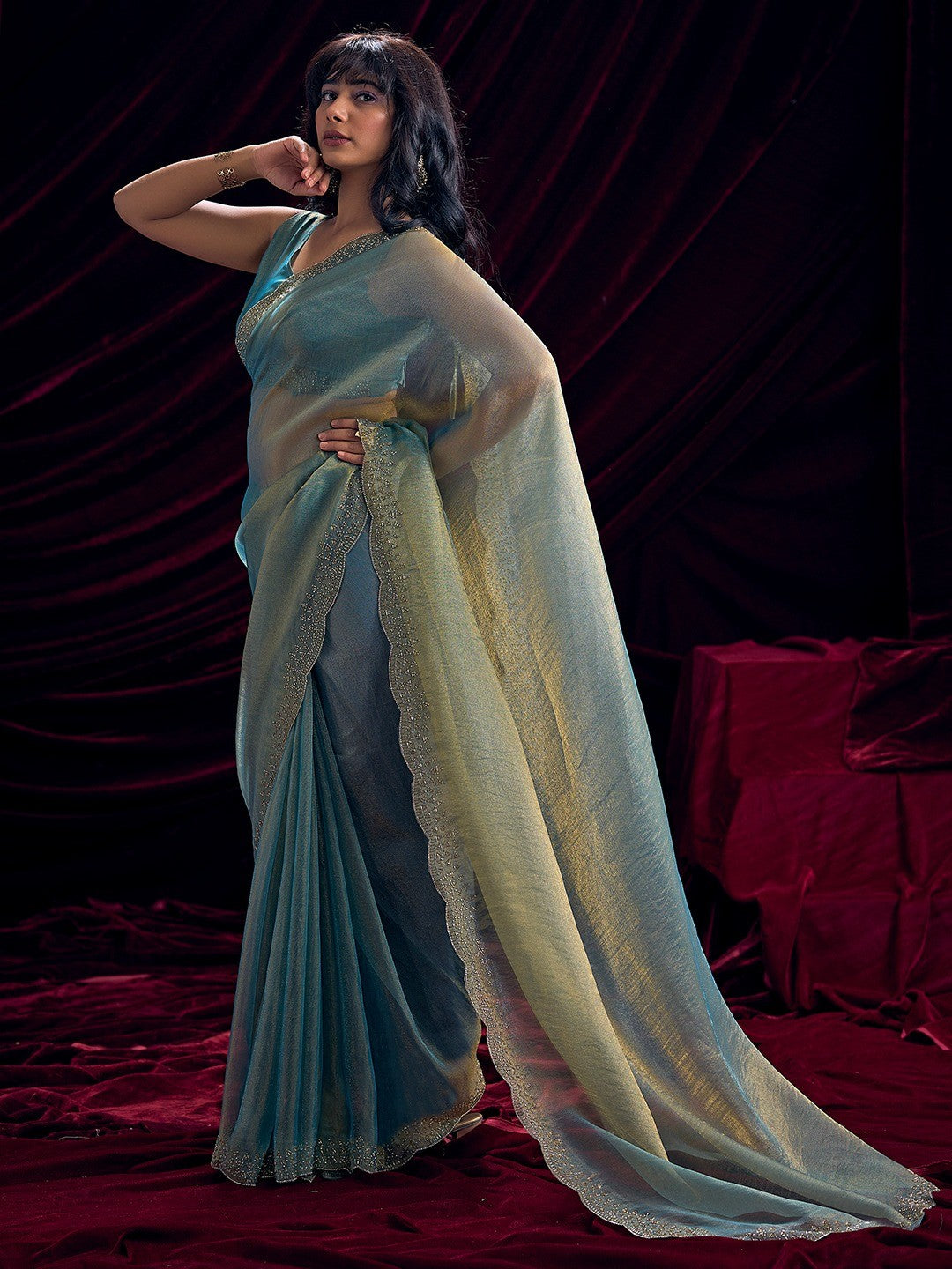 Glamorous Turquoise Two Tone Satin Silk Saree Adorned With Beads & Stones Embellishment - Image 5
