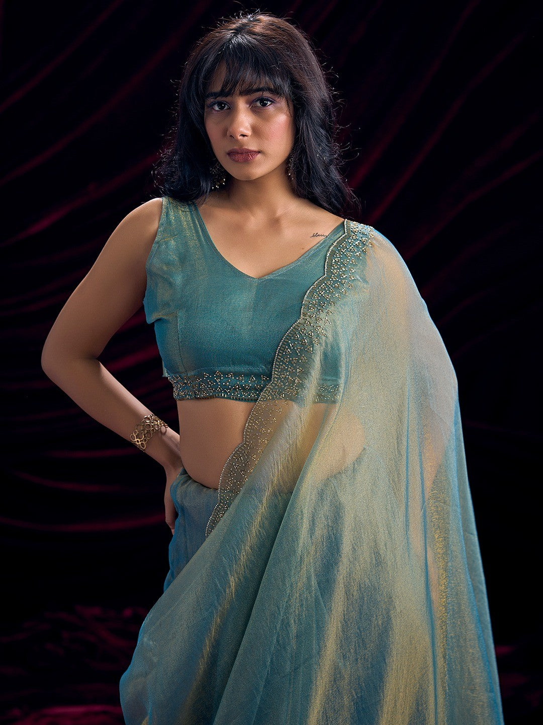 Glamorous Turquoise Two Tone Satin Silk Saree Adorned With Beads & Stones Embellishment - Image 3