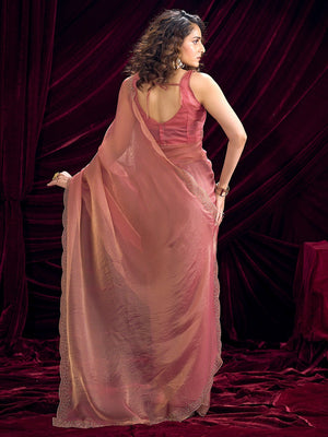 Glamorous Salmon Pink Two Tone Satin Silk Saree Adorned With Beads & Stones Embellishment - Image 2