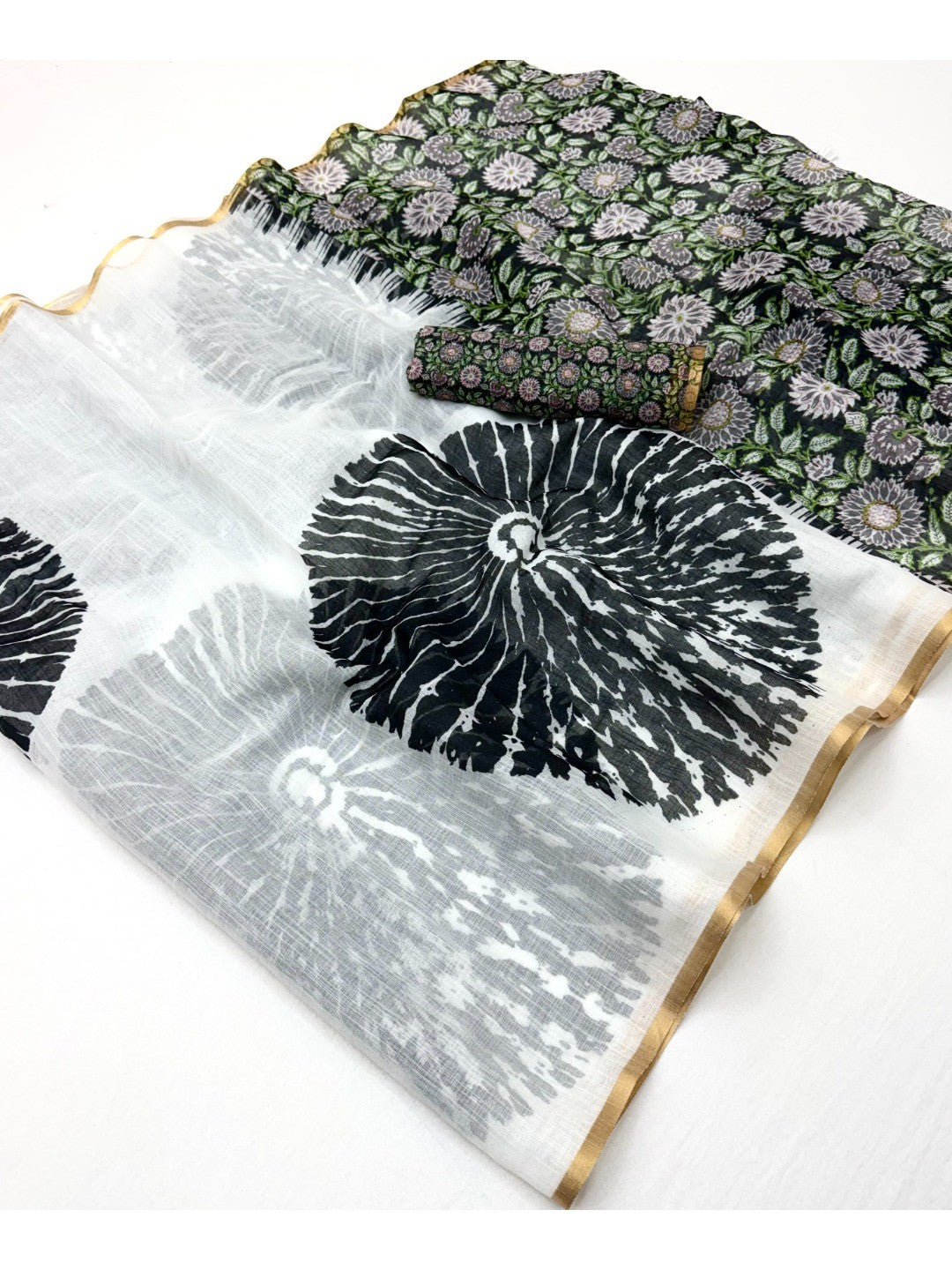 White Linen Saree with Black Abstract Design Lightweight Comfortable Outfit - Image 2