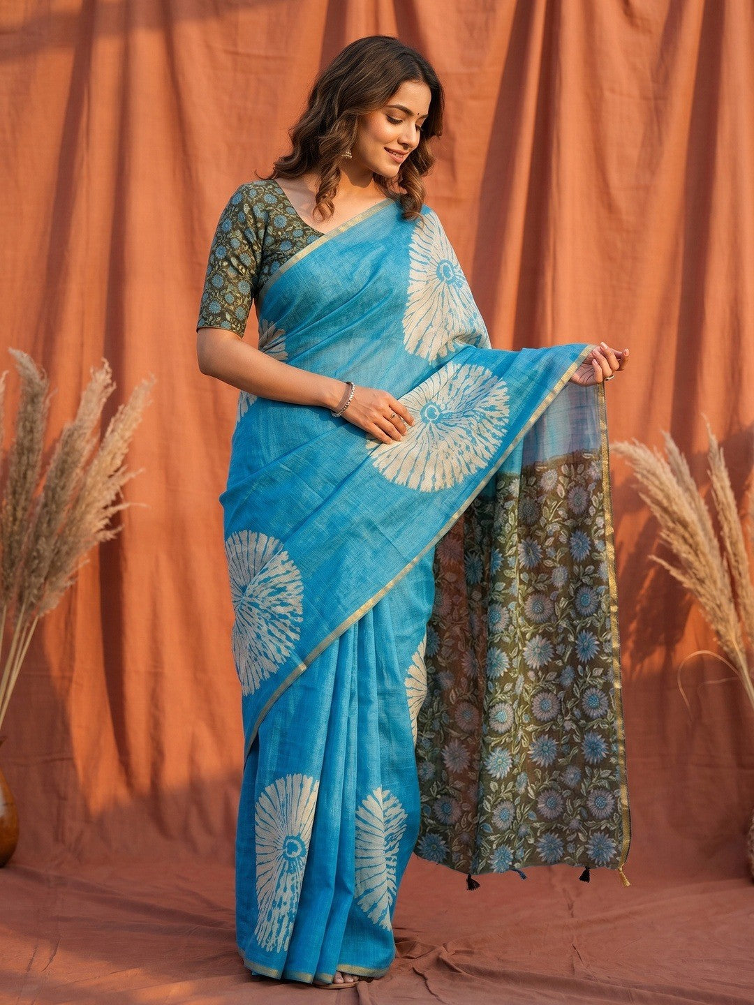 Elegant Blue Linen Saree with Abstract Print - Image 1