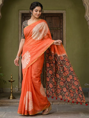 Elegant Orange Linen Saree with Abstract Print - Image 1