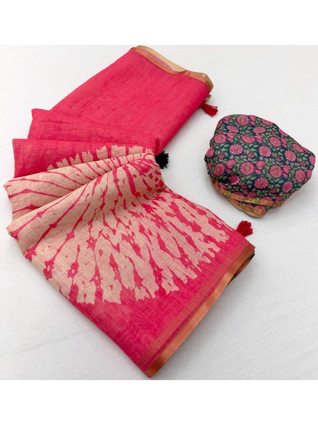 Pink Linen Saree with White Abstract Design Lightweight Comfortable Outfit - Image 3