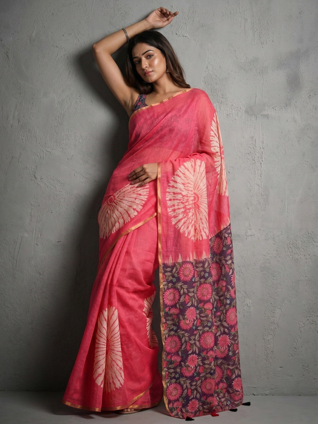 Pink Linen Saree with White Abstract Design Lightweight Comfortable Outfit - Image 1