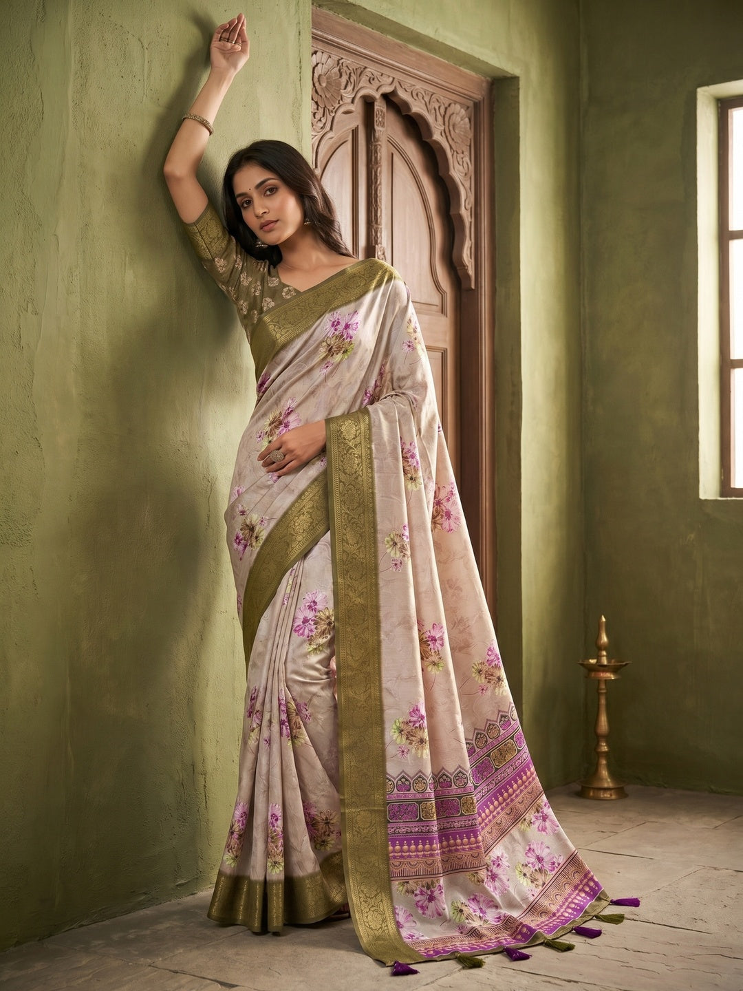 Floral Digital Print Grey & Green Dola Silk Saree with Jacquard Border - Image 1
