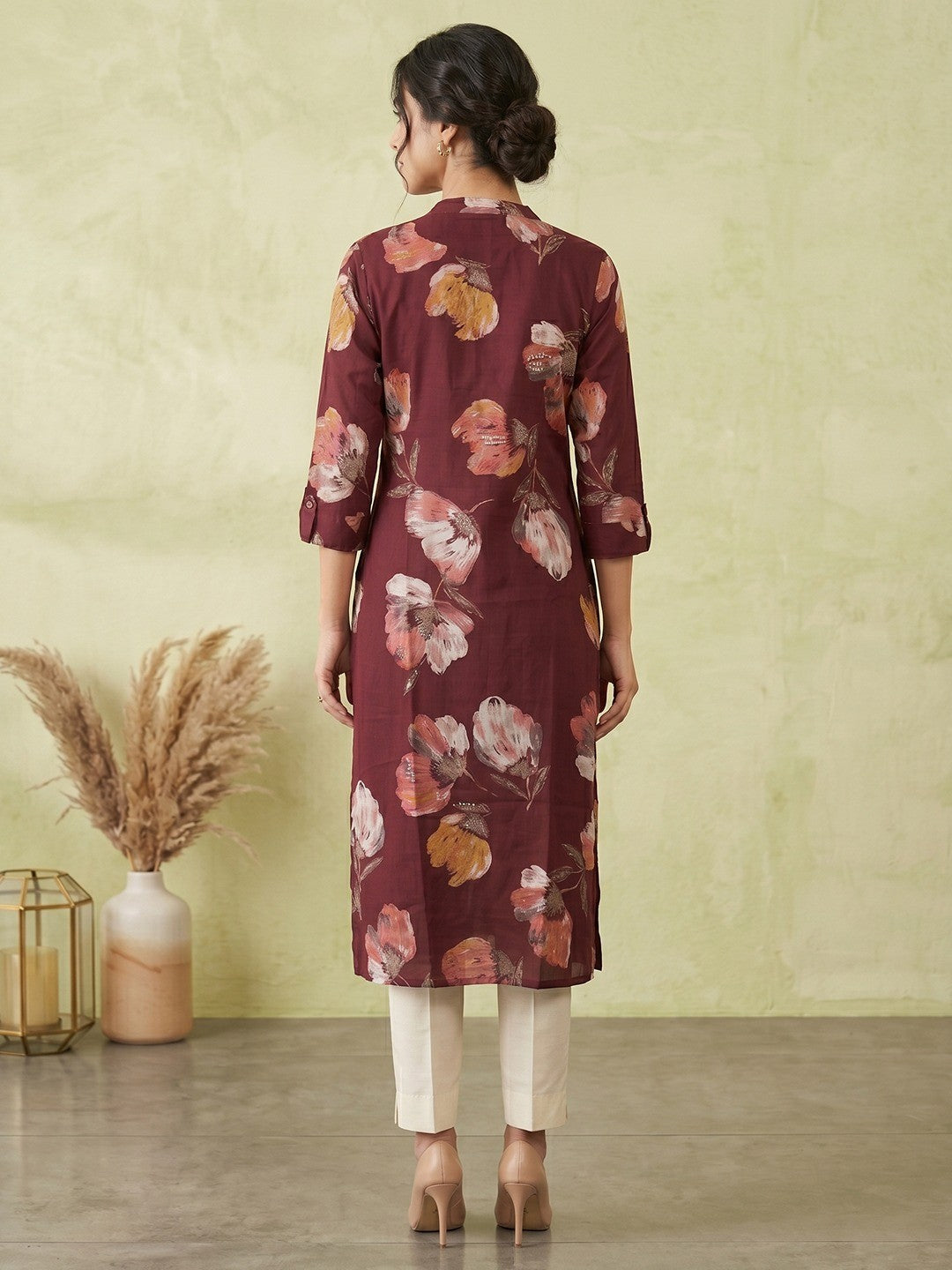 Premium Maroon Floral Printed Viscose Kurti Lightweight Ethnic Wear - Image 4