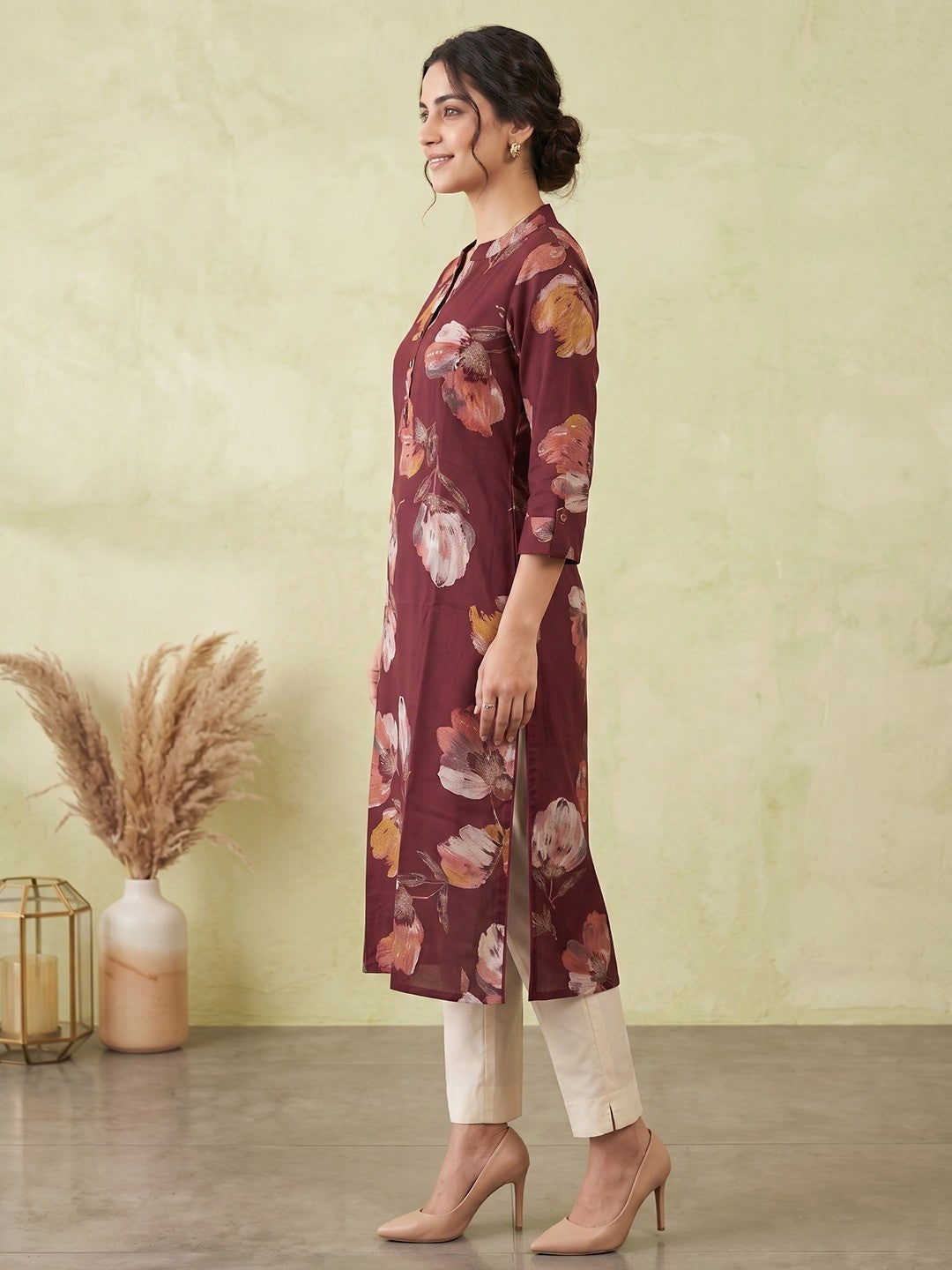 Premium Maroon Floral Printed Viscose Kurti Lightweight Ethnic Wear - Image 2