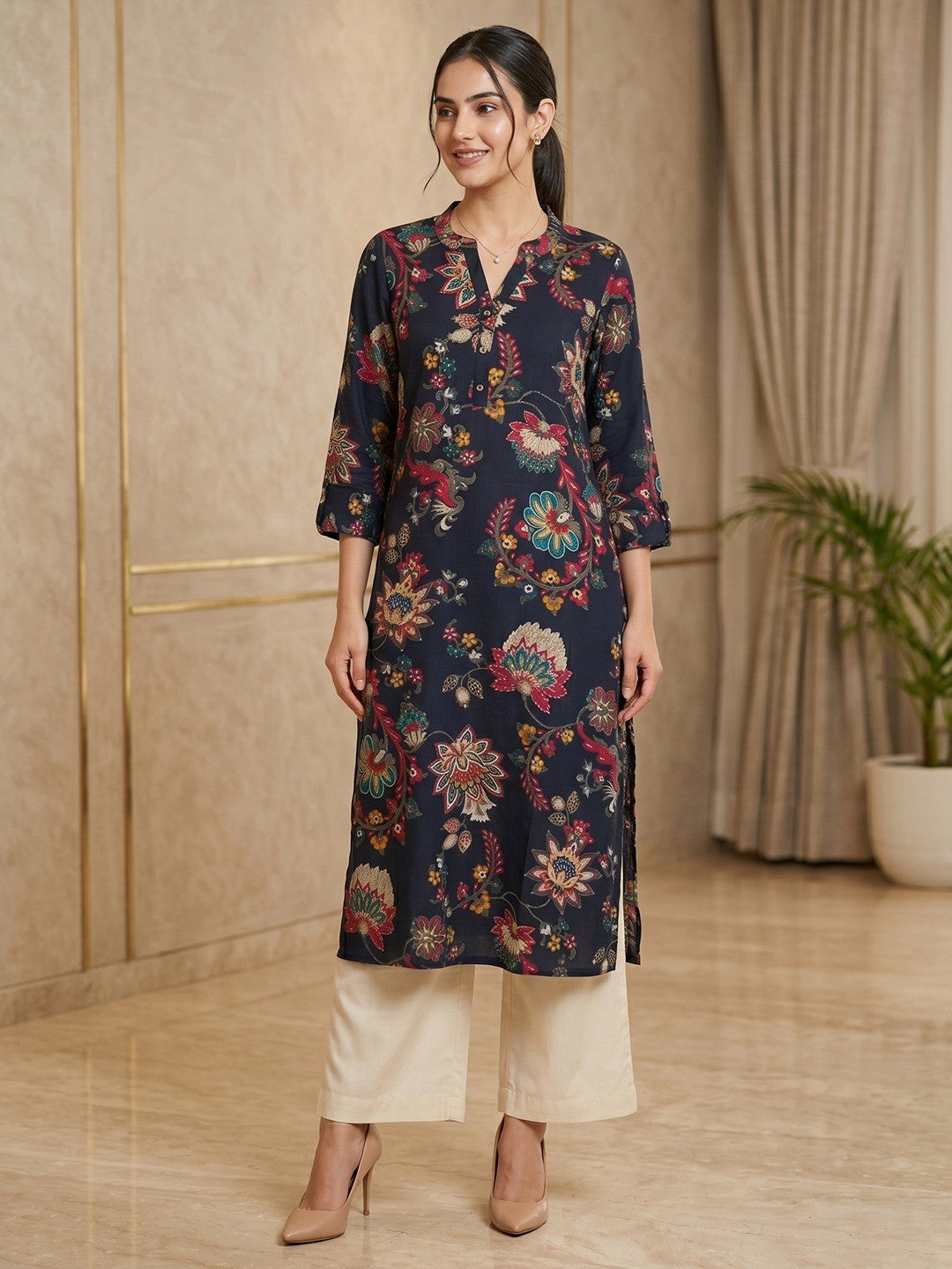 Premium Navy Blue Floral Printed Viscose Kurti Lightweight Ethnic Wear - Image 1