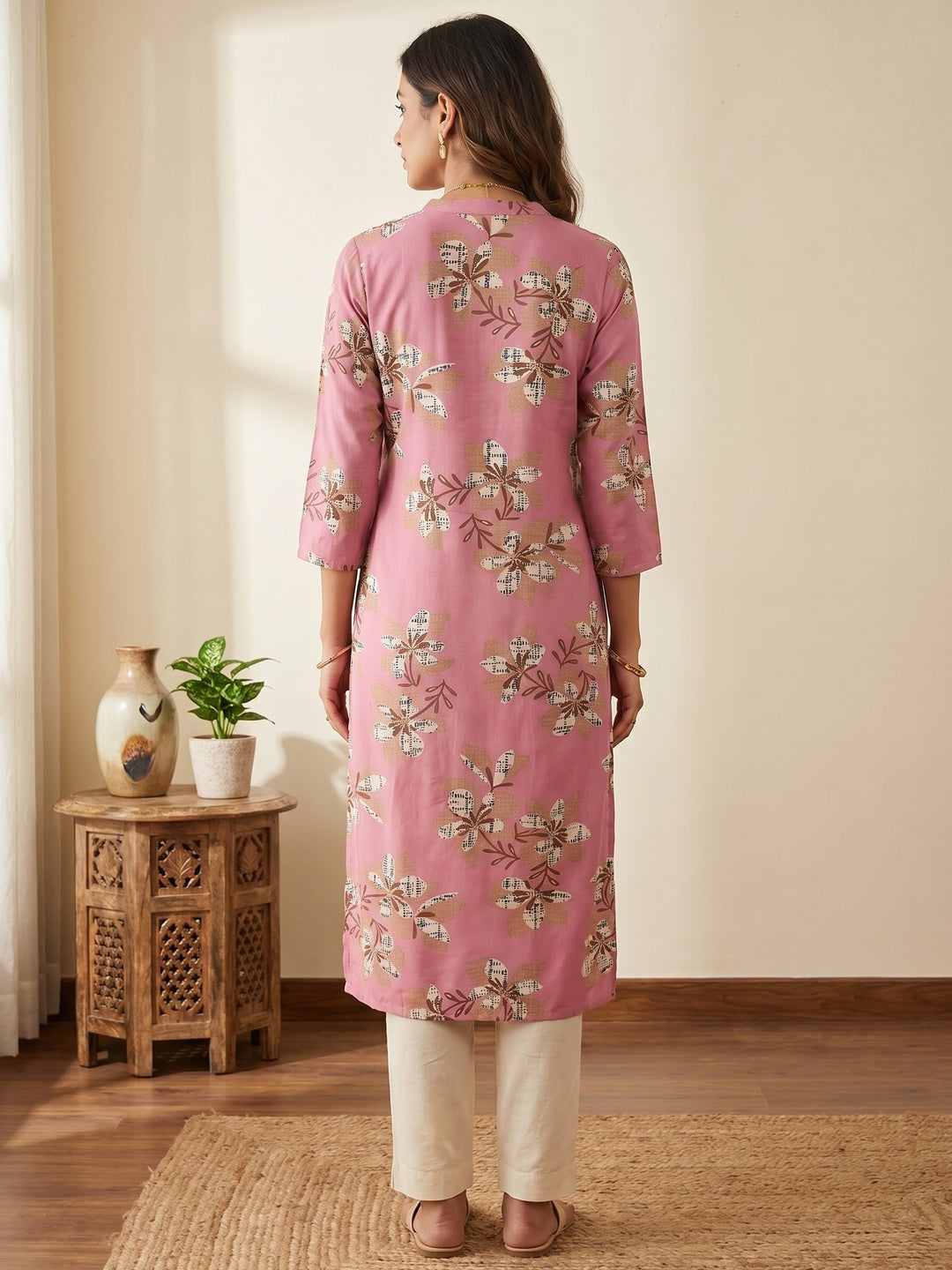 Premium Pink Floral Printed Viscose Kurti Lightweight Ethnic Wear - Image 3