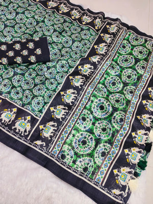 Elegant Green Mysore Silk Saree with Traditional Ikkat Print - Image 2