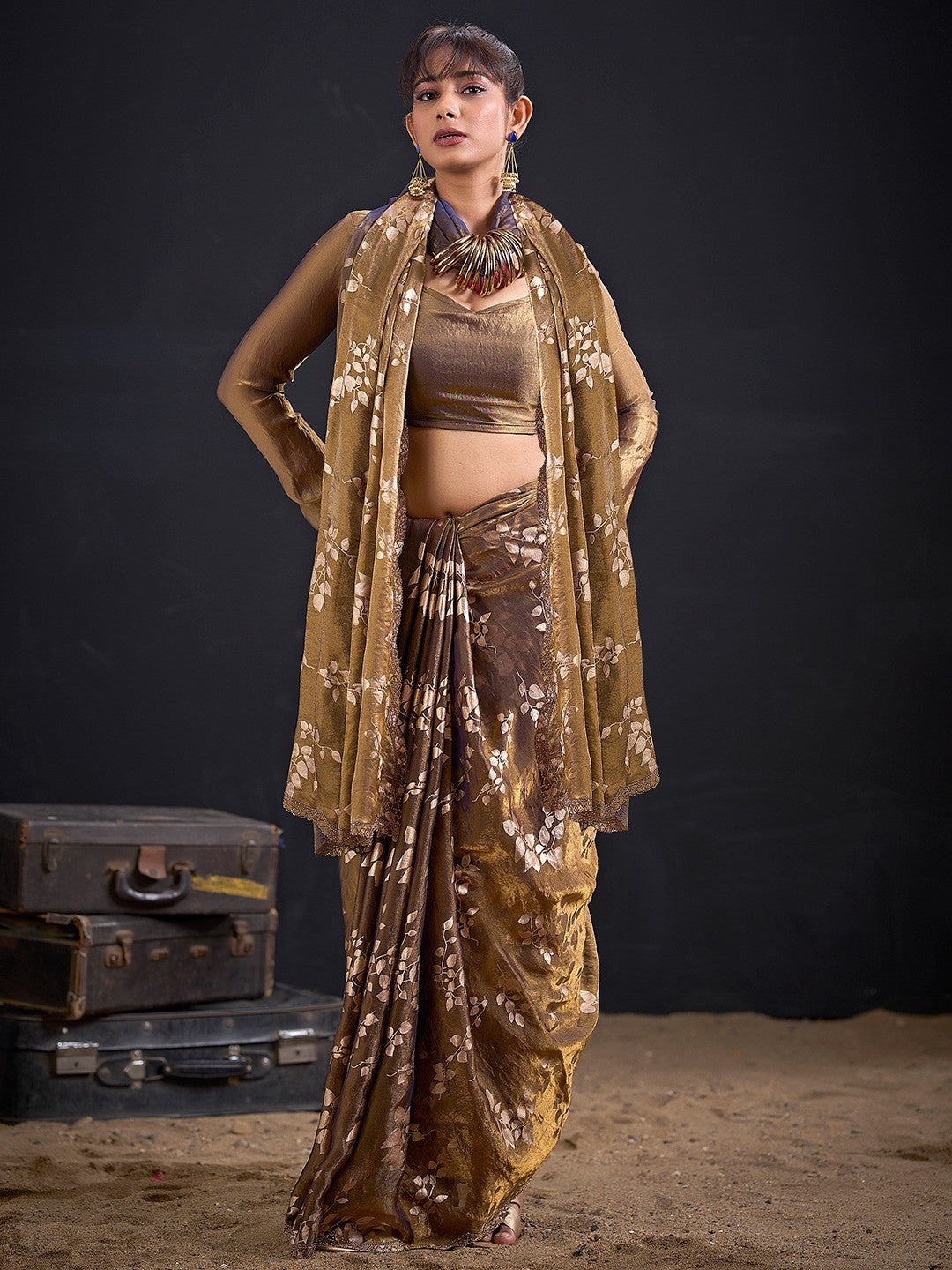 Designer Dark Mustard Satin Silk Saree With Leaf Foil Print & Stone Work Border - Image 4