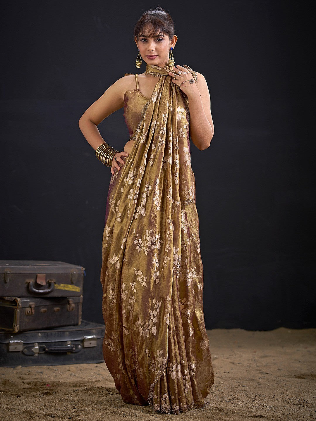 Designer Dark Mustard Satin Silk Saree With Leaf Foil Print & Stone Work Border - Image 5