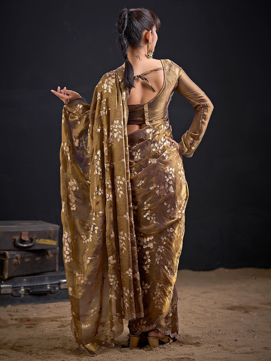 Designer Dark Mustard Satin Silk Saree With Leaf Foil Print & Stone Work Border - Image 6