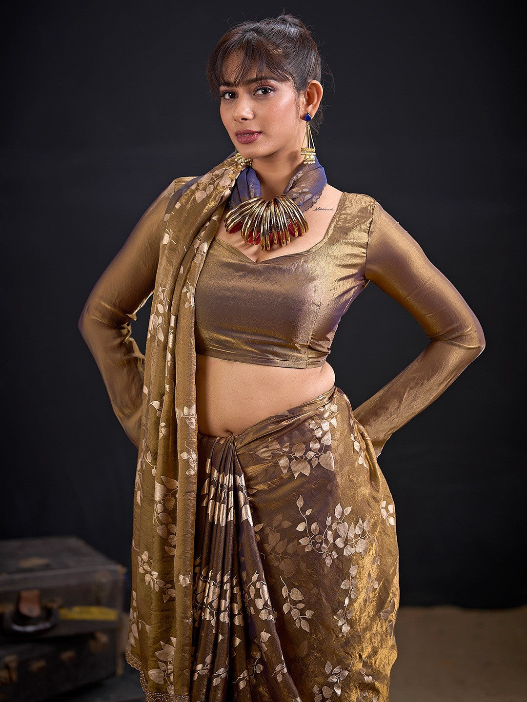 Designer Dark Mustard Satin Silk Saree With Leaf Foil Print & Stone Work Border - Image 7