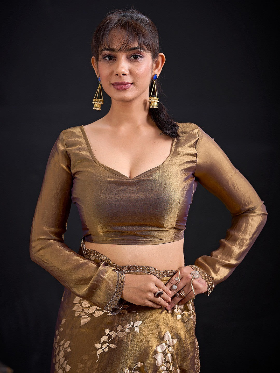 Designer Dark Mustard Satin Silk Saree With Leaf Foil Print & Stone Work Border - Image 2